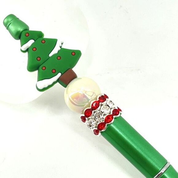 Christmas tree handmade pen NEW beads rhinestone bling red white green silver - Picture 4 of 5